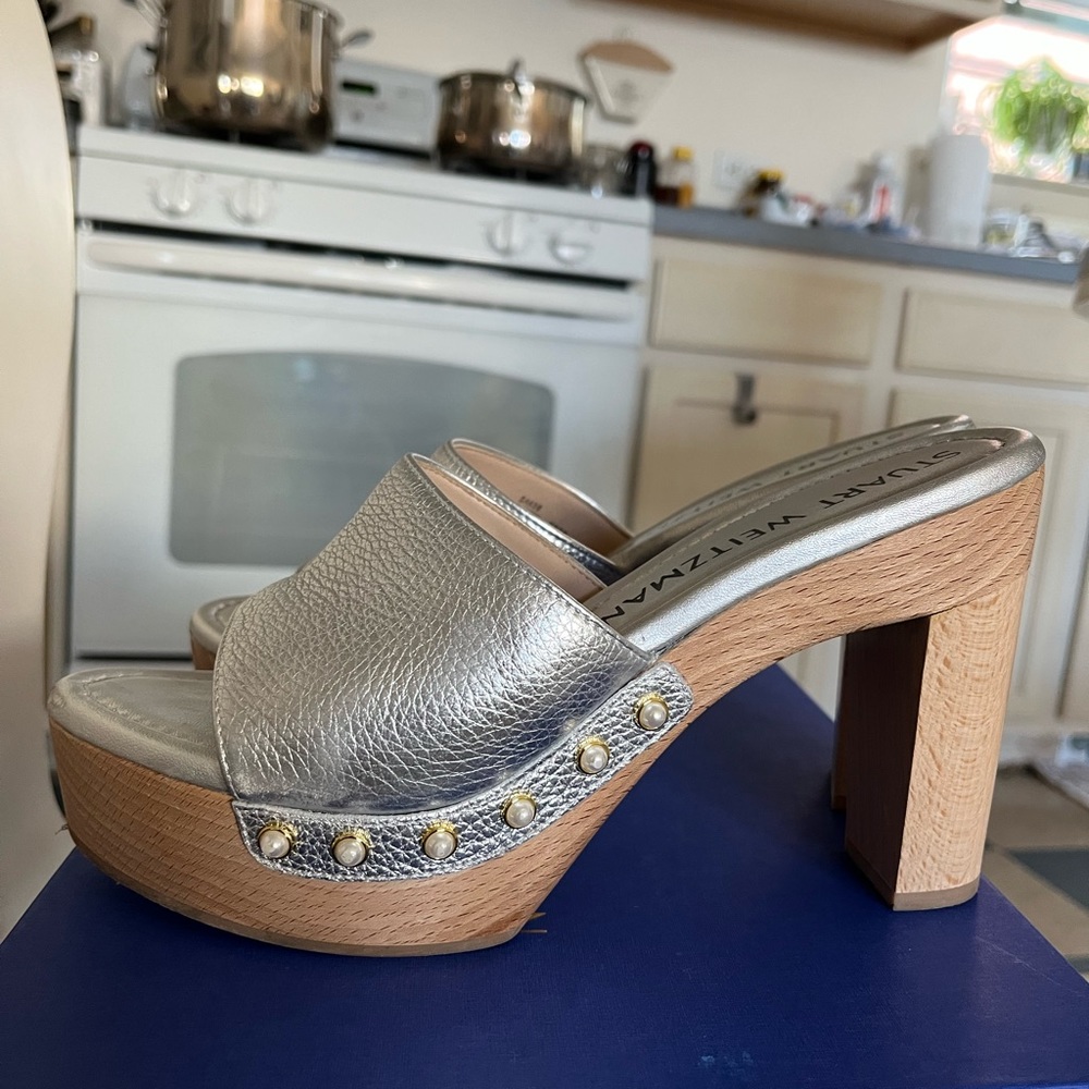 Silver Stuart Weitzman calf leather platform clog sandals. Only worn twice by me